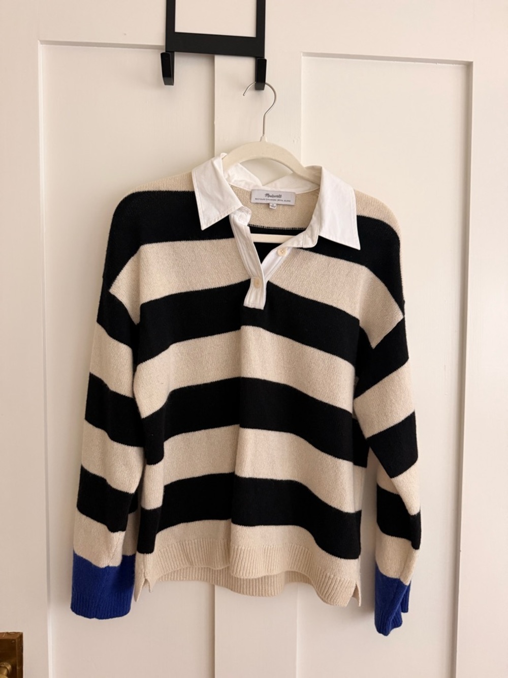 Madewell Cashmere Wool Striped Collared Sweater with Blue Cuffs